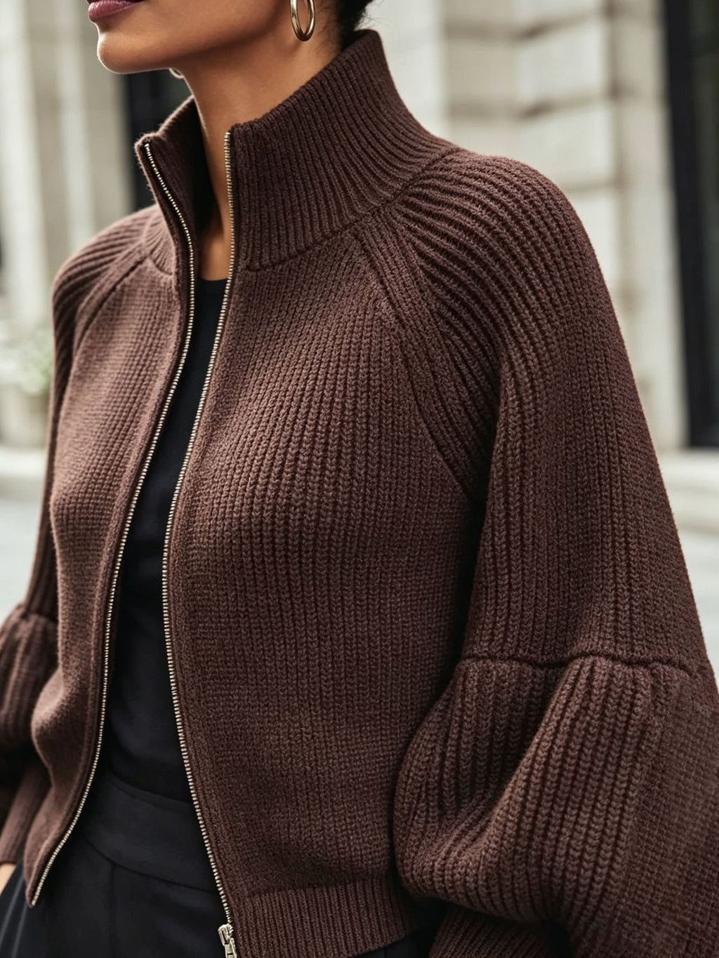 Zip-Up Ribbed Knit Cardigan Women's Puff Sleeve Stand Collar Sweater – Casual, Office