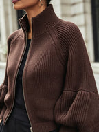 Zip-Up Ribbed Knit Cardigan Women's Puff Sleeve Stand Collar Sweater – Casual, Office