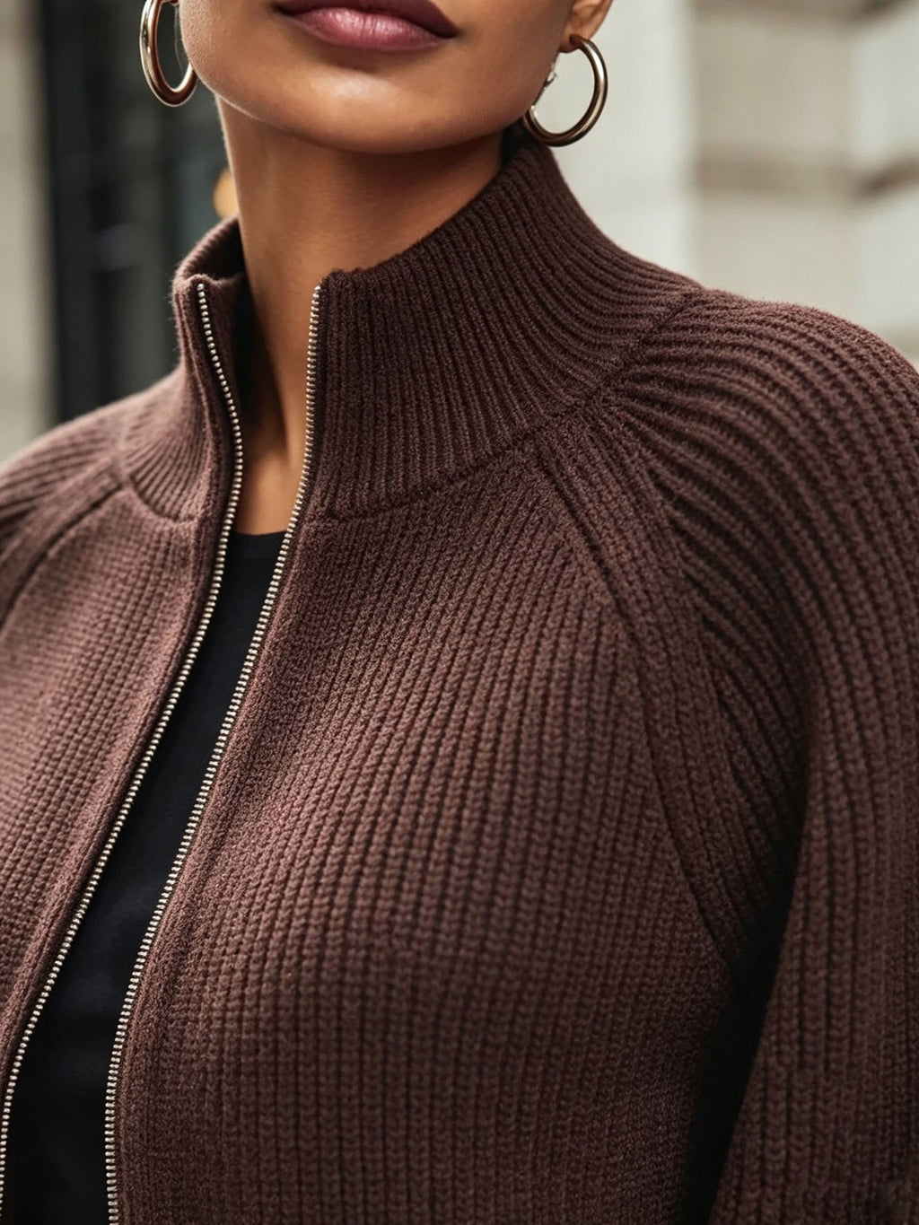 Zip-Up Ribbed Knit Cardigan Women's Puff Sleeve Stand Collar Sweater – Casual, Office