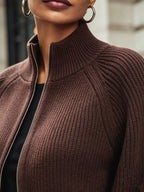 Zip-Up Ribbed Knit Cardigan Women's Puff Sleeve Stand Collar Sweater – Casual, Office