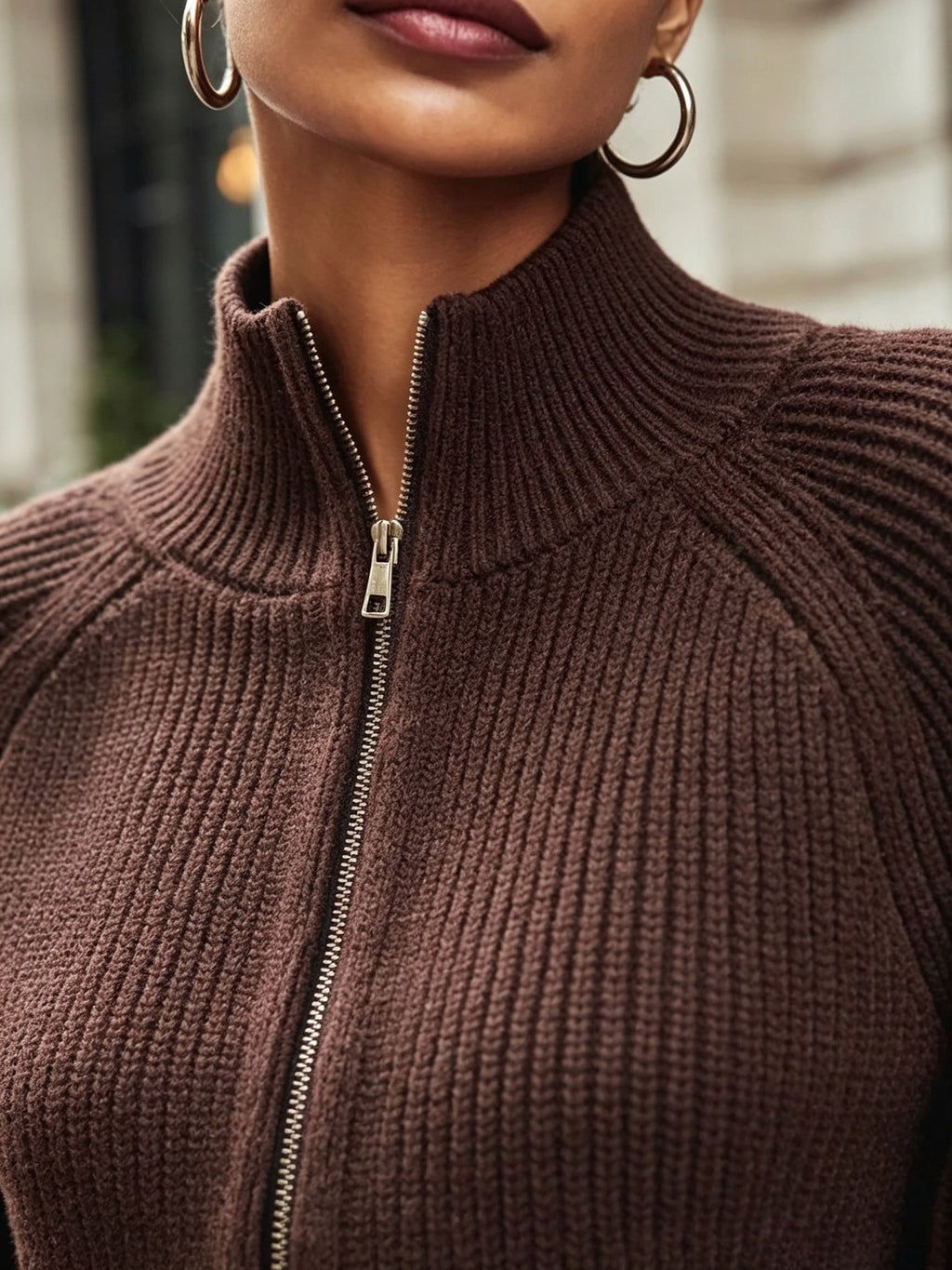 Zip-Up Ribbed Knit Cardigan Women's Puff Sleeve Stand Collar Sweater – Casual, Office