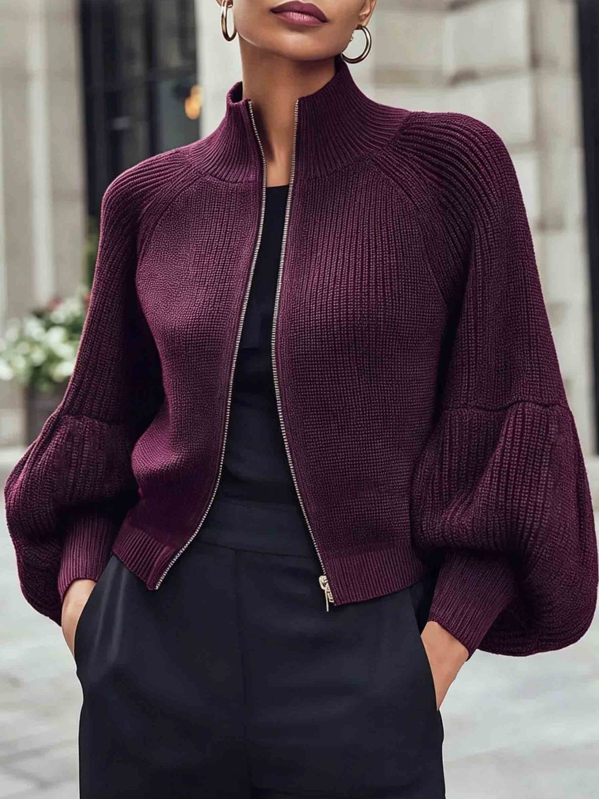 Zip-Up Ribbed Knit Cardigan Women's Puff Sleeve Stand Collar Sweater – Casual, Office