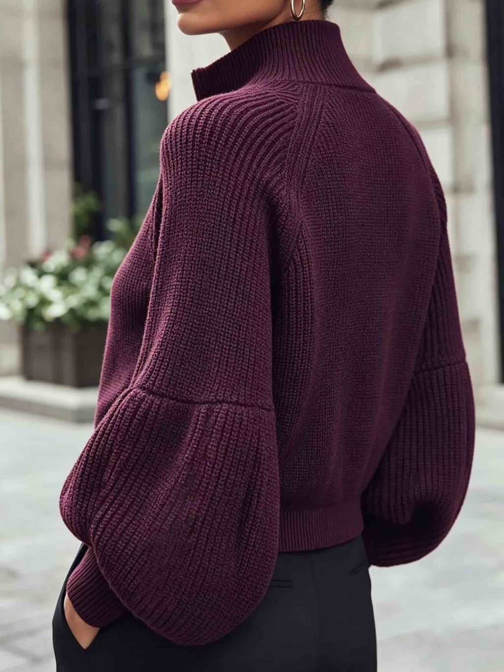 Zip-Up Ribbed Knit Cardigan Women's Puff Sleeve Stand Collar Sweater – Casual, Office