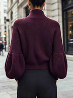 Zip-Up Ribbed Knit Cardigan Women's Puff Sleeve Stand Collar Sweater – Casual, Office