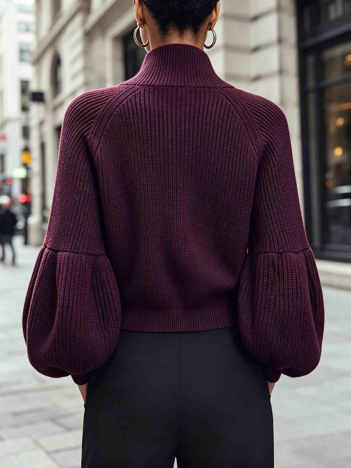 Zip-Up Ribbed Knit Cardigan Women's Puff Sleeve Stand Collar Sweater – Casual, Office
