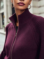 Zip-Up Ribbed Knit Cardigan Women's Puff Sleeve Stand Collar Sweater – Casual, Office