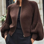 Zip-Up Ribbed Knit Cardigan Women's Puff Sleeve Stand Collar Sweater – Casual, Office