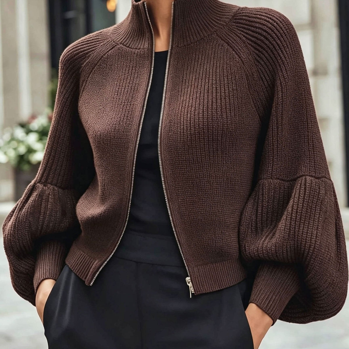 Zip-Up Ribbed Knit Cardigan Women's Puff Sleeve Stand Collar Sweater – Casual, Office