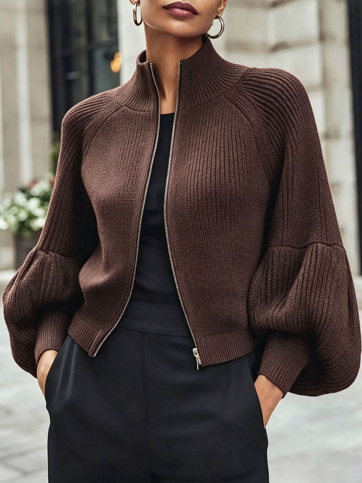 Zip-Up Ribbed Knit Cardigan Women's Puff Sleeve Stand Collar Sweater – Casual, Office
