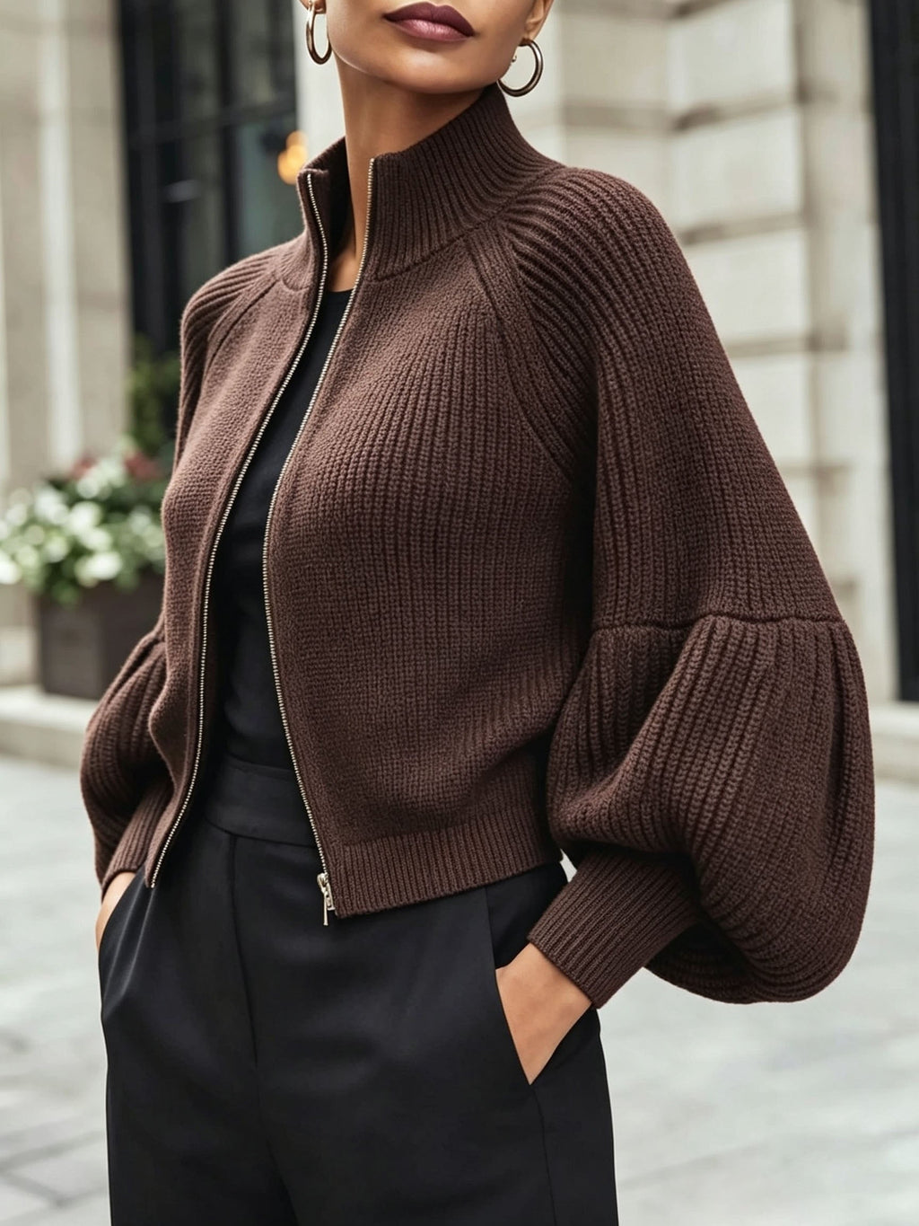 Zip-Up Ribbed Knit Cardigan Women's Puff Sleeve Stand Collar Sweater – Casual, Office