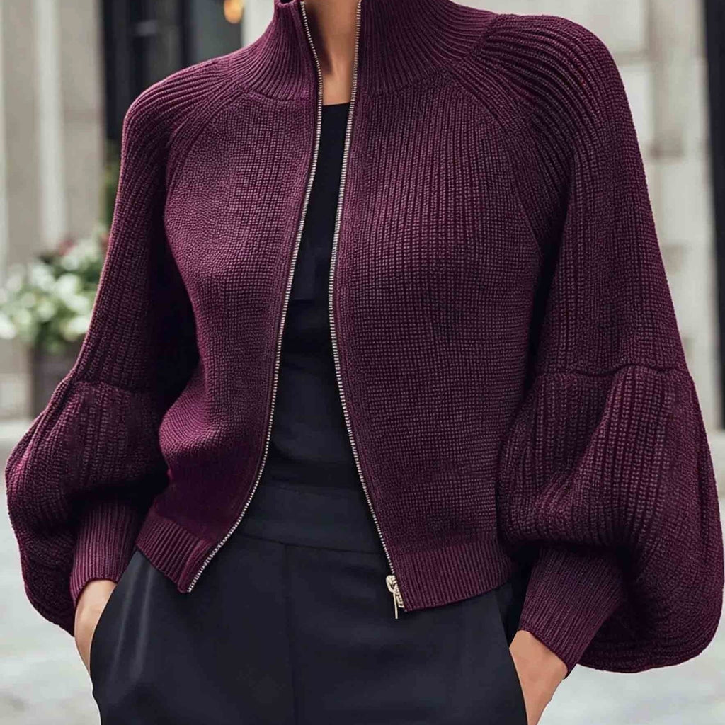 Zip-Up Ribbed Knit Cardigan Women's Puff Sleeve Stand Collar Sweater – Casual, Office