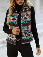 Zip-Up Vest Women's Aztec Print Sleeveless Stand Collar Jacket – Casual, Layering Outerwear Gift