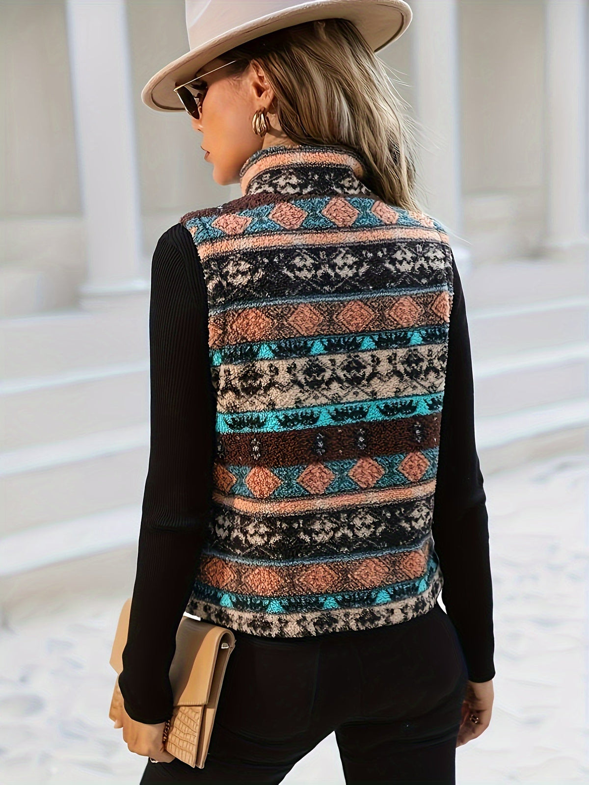 Zip-Up Vest Women's Aztec Print Sleeveless Stand Collar Jacket – Casual, Layering Outerwear Gift